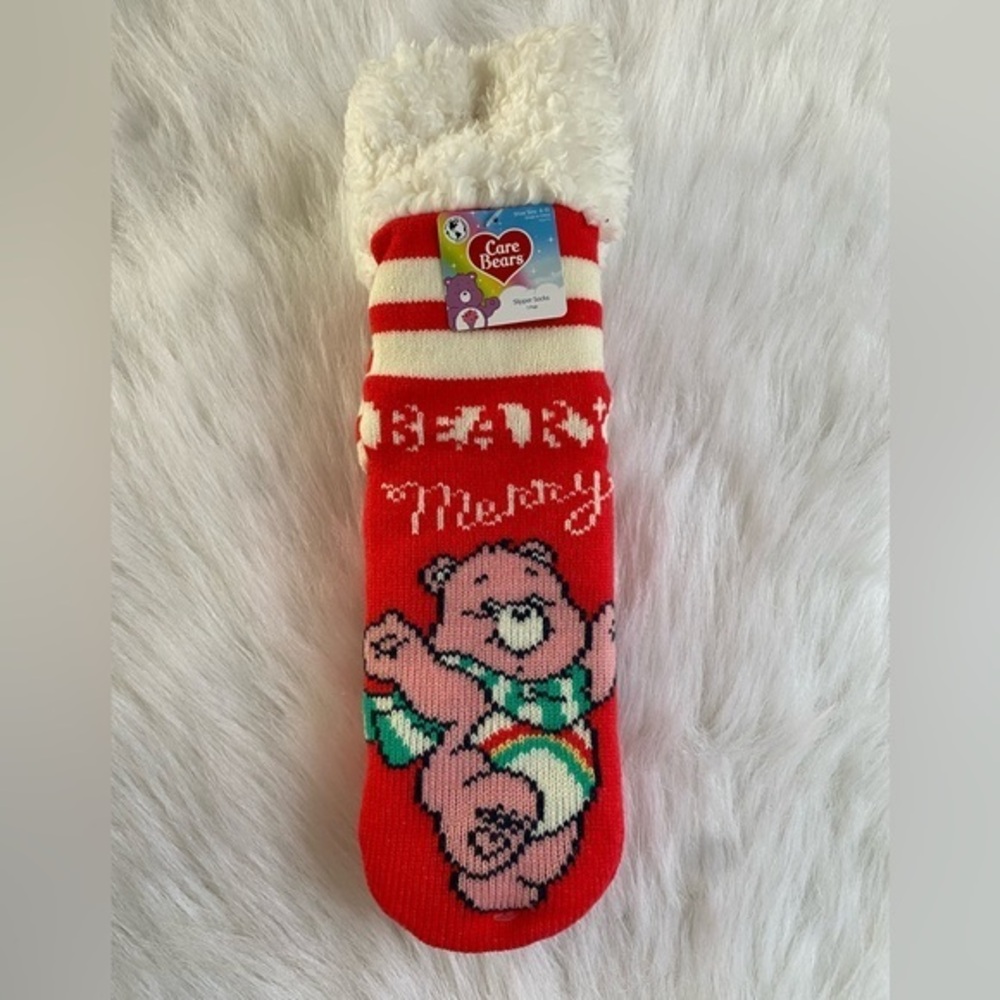 Care Bears Slipper Socks Womens Shoe Size 4-10 Fuzzy Cheer Bear Red Pull On
